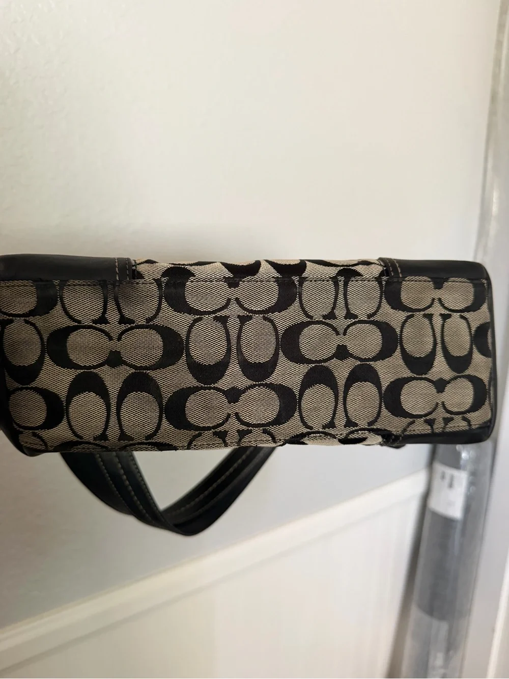 Coach Beige & Black Signature Canvas Turnlock Shoulder Bag